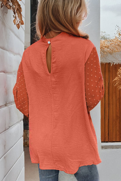 Russet Orange Swiss Dot Balloon Sleeve Loose Blouse