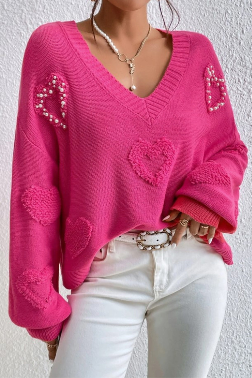 Rose Red Pearl Embellished Fuzzy Hearts V Neck Sweater