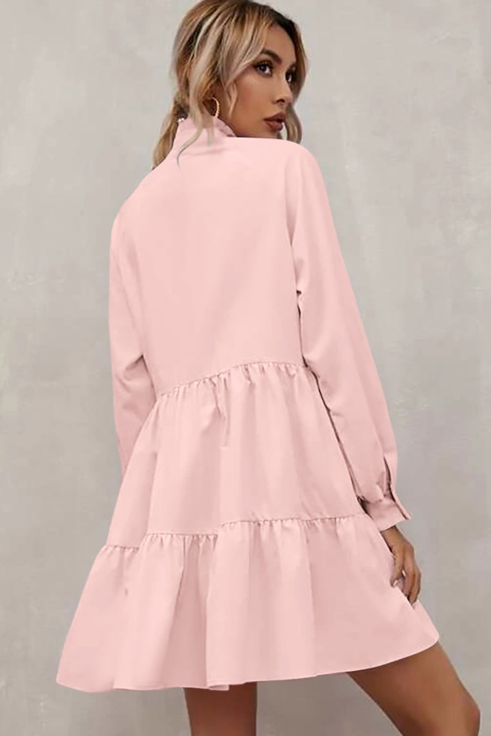 Pink Frilled Stand Collar Long Sleeve Ruffle Dress