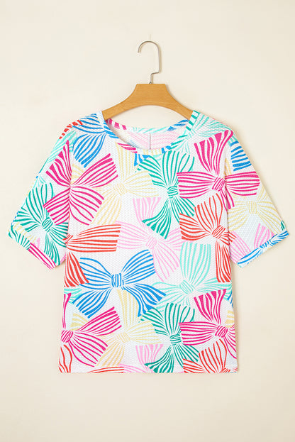 Multicolour Bowknot Printed Waffle Crewneck Loose Short Sleeve Top