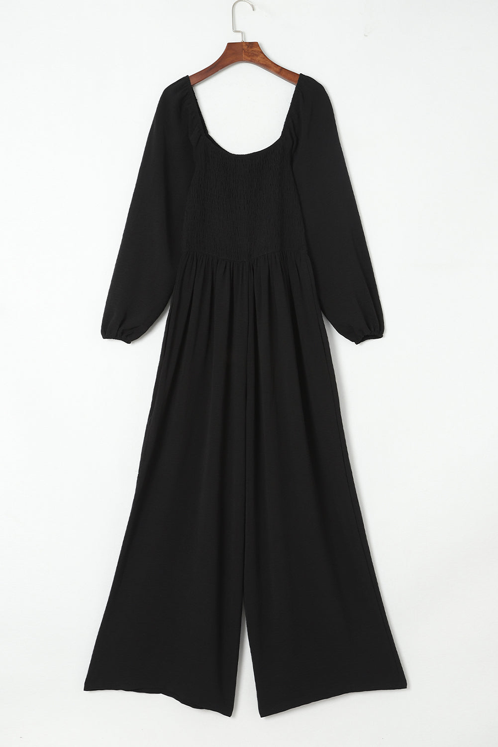 Black Smocked Square Neck Long Sleeve Wide Leg Jumpsuit