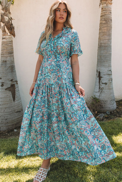 Sky Blue Paisley Print Boho Holiday Ruffle Tiered Maxi Dress