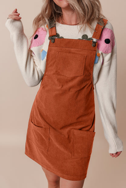 Cinnamon Solid Front Pockets Sleeveless Corduroy Overall Dress