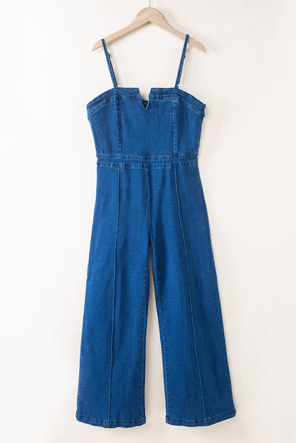 Blue Spaghetti Straps Notch V Denim Jumpsuit