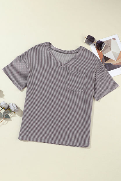 Light Grey Corded V Neck Chest Pocket Loose T-shirt