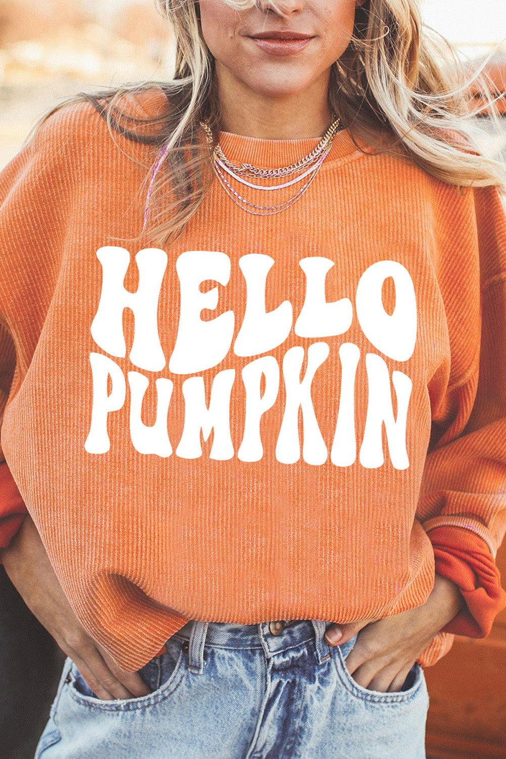 Round Neck Dropped Shoulder HELLO PUMPKIN Graphic Sweatshirt