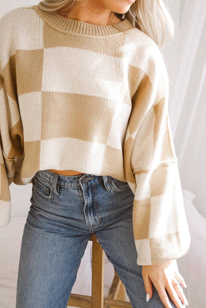 Khaki Checkered Bishop Sleeve Sweater