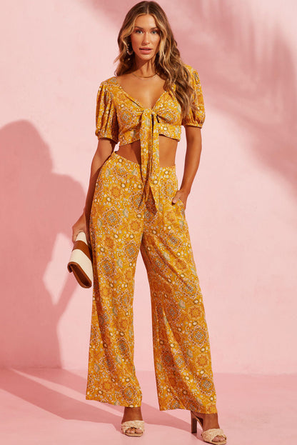 Yellow Bohemian Floral Print Pocketed Wide Leg Pants