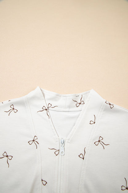 Beige Bow Print Half Zip Tank and Shorts 2pcs Set