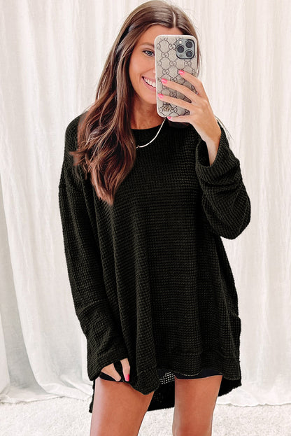 Black Waffle Knit High Slits Oversized Top