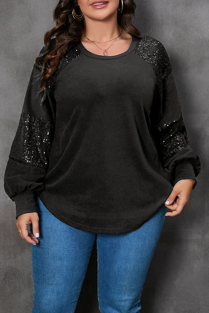 Black Plus Size Sequin Patchwork Crew Neck Long Sleeve Top