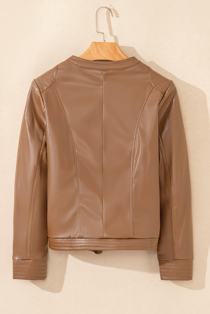 Chestnut Solid Faux Leather Zipper Slim Fit Bomber Jacket