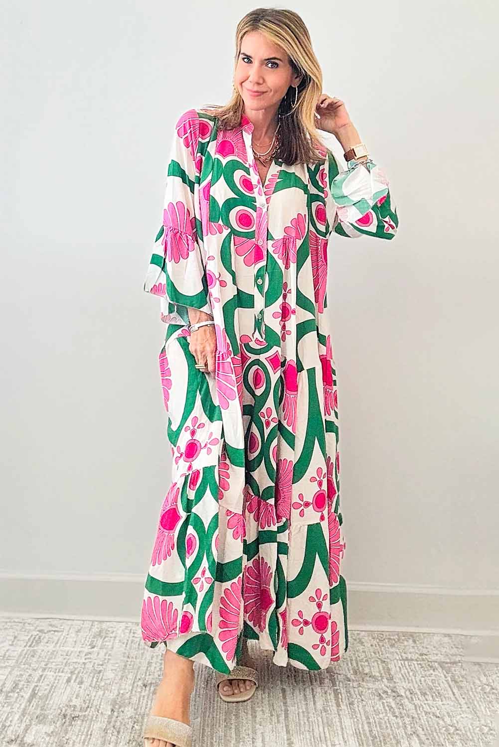 Pink Boho Floral Printed Long Sleeve Buttoned Loose Maxi Dress