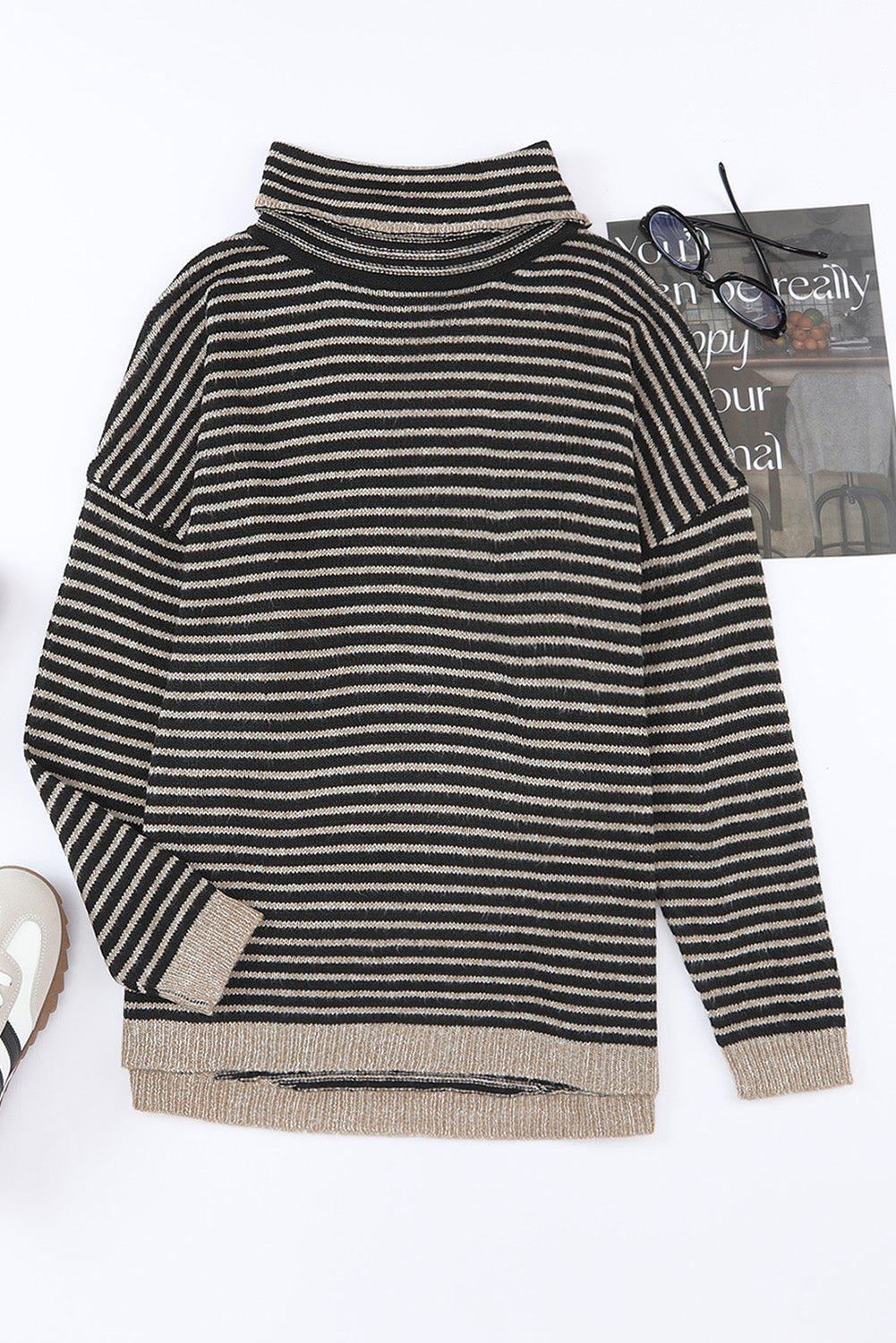 Black Striped Turtleneck Loose Sweater