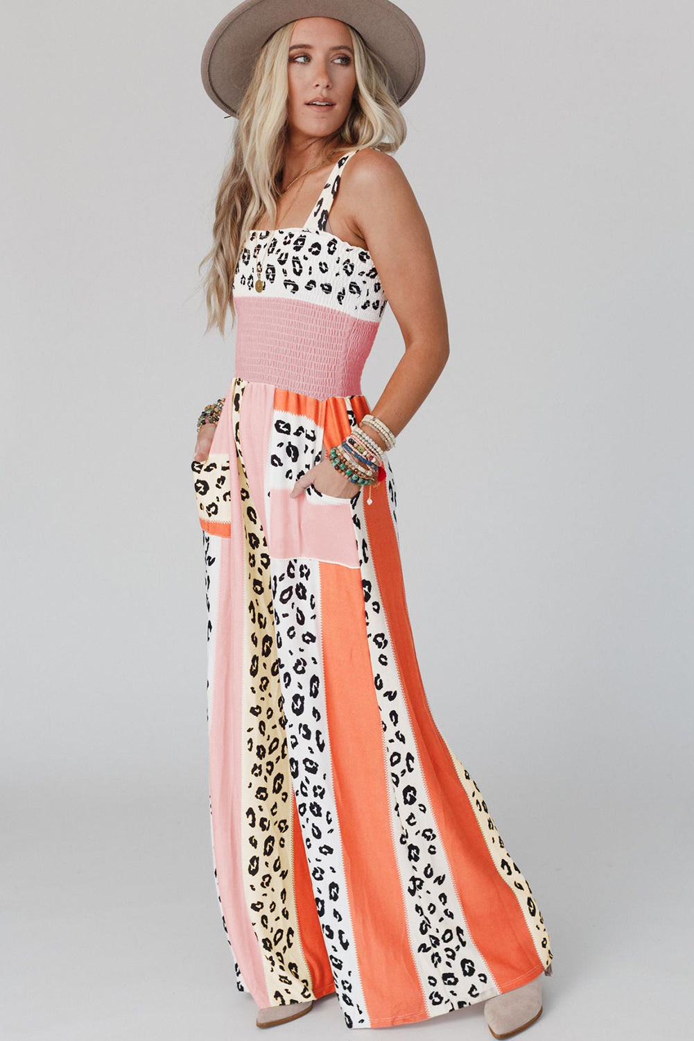 Pink Leopard Color Block Mix Print Pocketed Jumpsuit