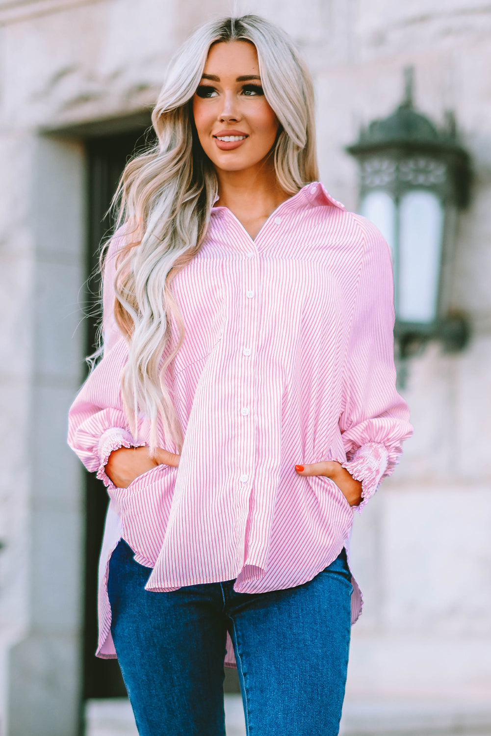 Pink Smocked Cuffed Striped Boyfriend Shirt with Pocket