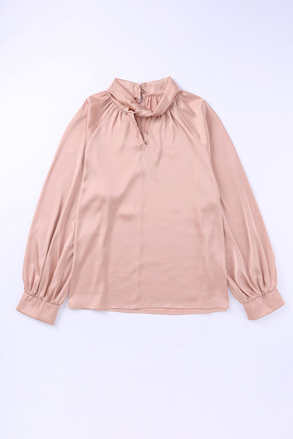 Pink Twist High Neck Puff Sleeve Satin Blouse