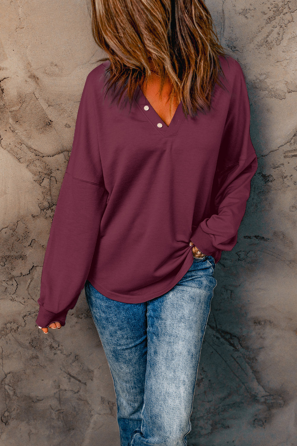 Wine Buttoned V Neck Cotton Loose Fit Top