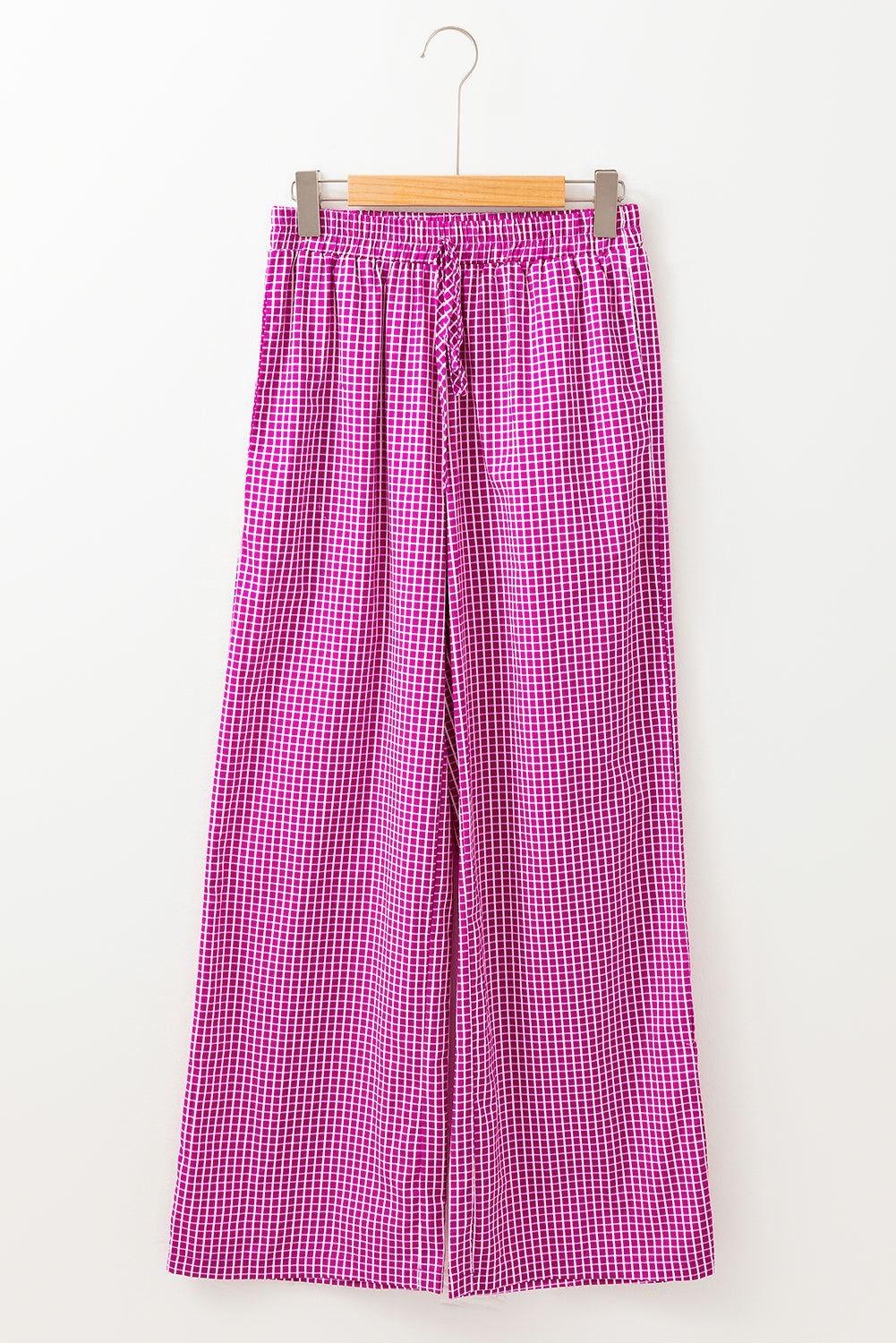 Pink Plaid Print Drawstring High Waist Wide Leg Casual Pants