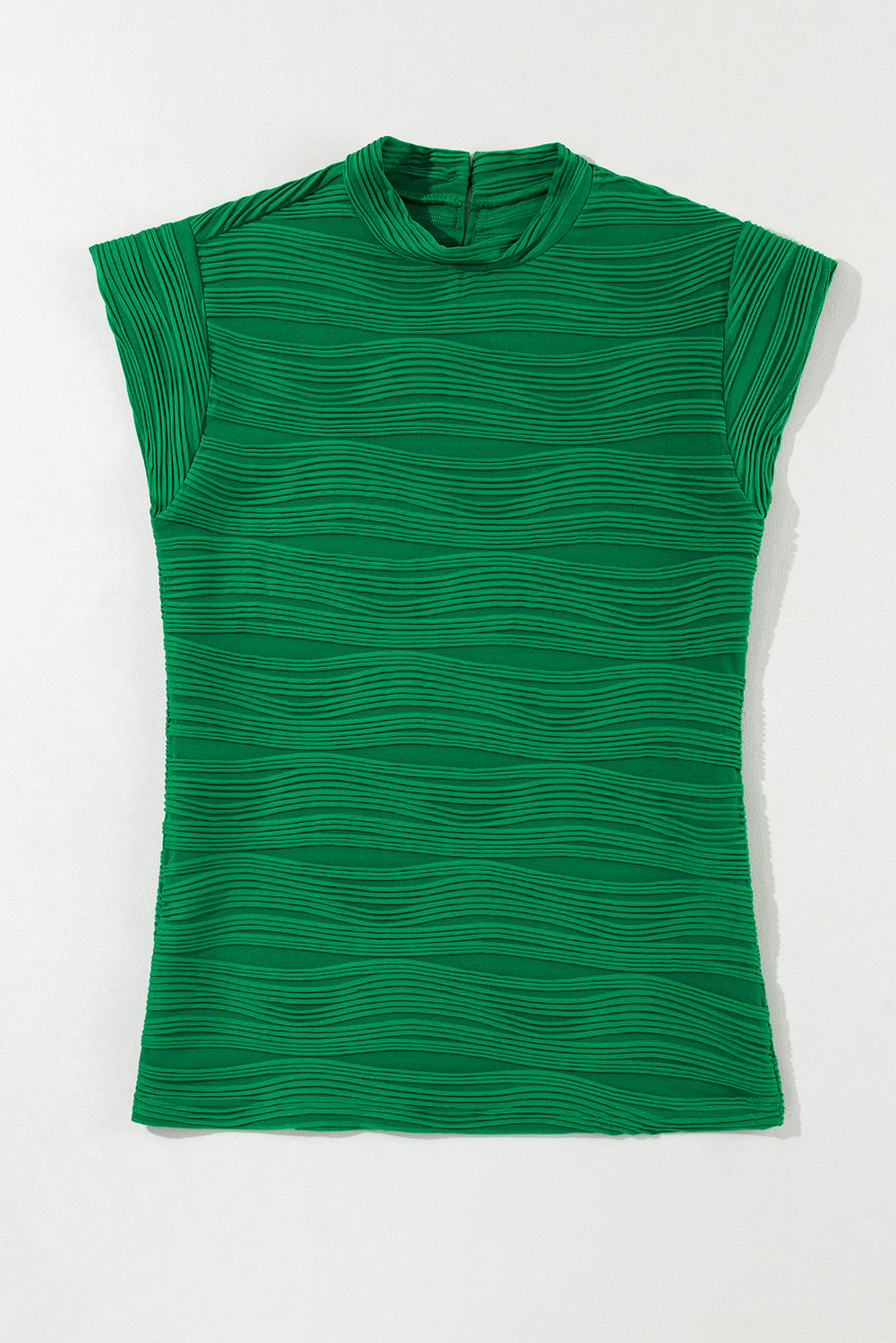 Dark Green Wavy Textured Mock Neck Cap Sleeve Top