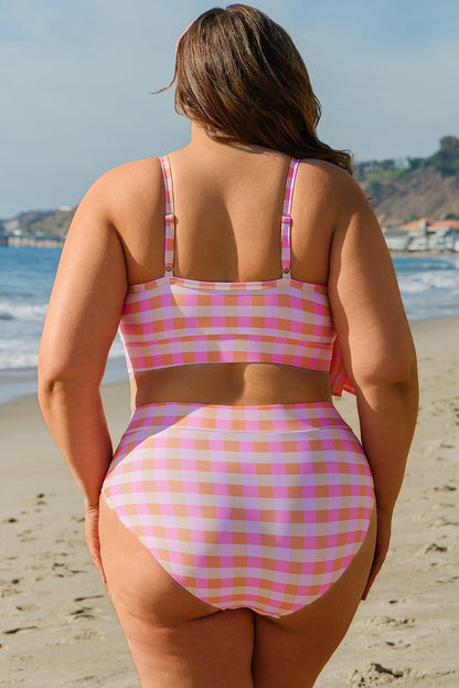 Pink Plus Size Plaid Print High Waist Bikini Set