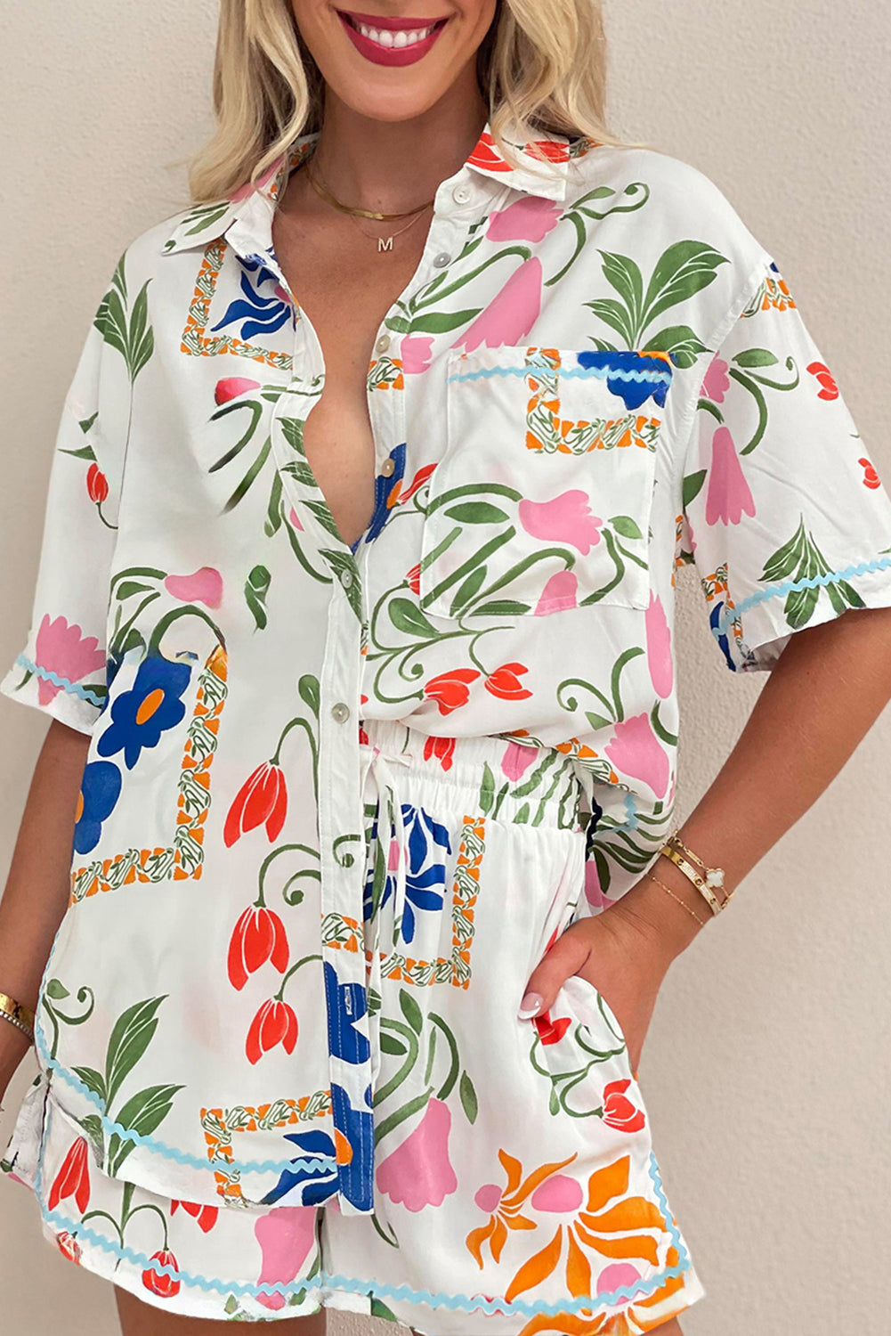 Ricrac Trim Floral Short Sleeve Shirt and Shorts Outfit