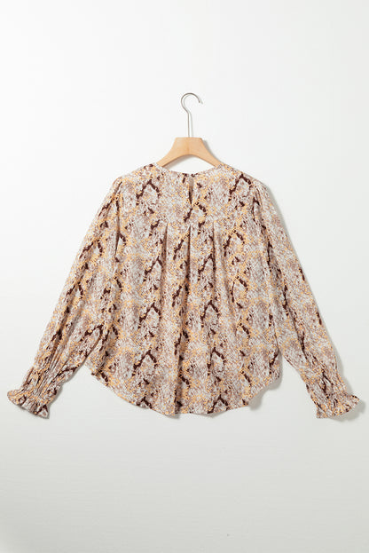 Brown Glitter Snake Grain Pleated Round Neck Blouse