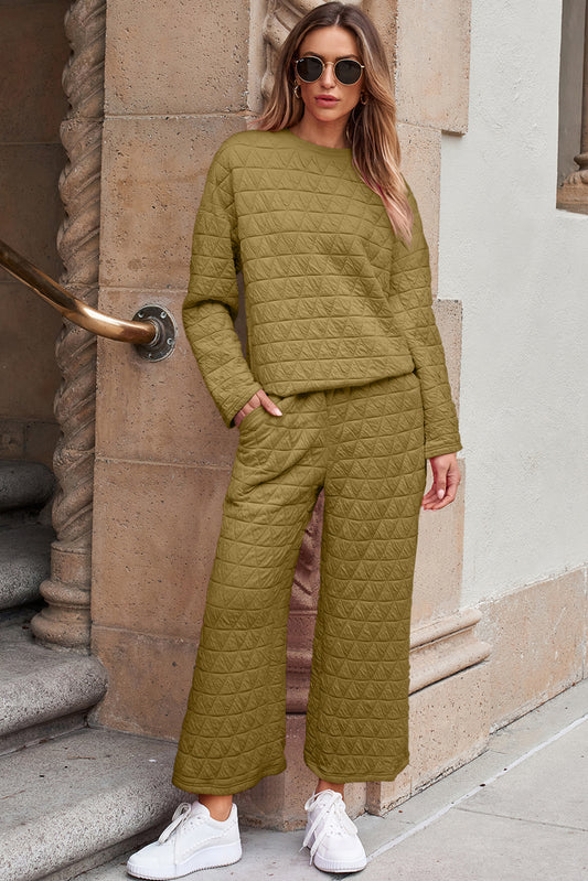 Sage Green Solid Quilted Pullover and Pants Outfit