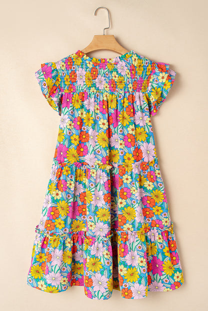 Sky Blue Floral Print Smocked Notch V Neck Flutter Sleeve Mini Dress