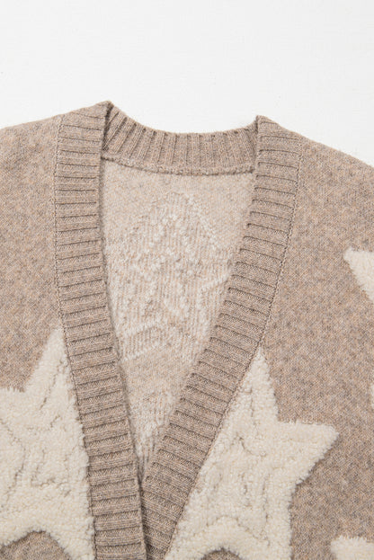 Khaki Sherpa Star Pattern Textured Sweater Cardigan with Pockets