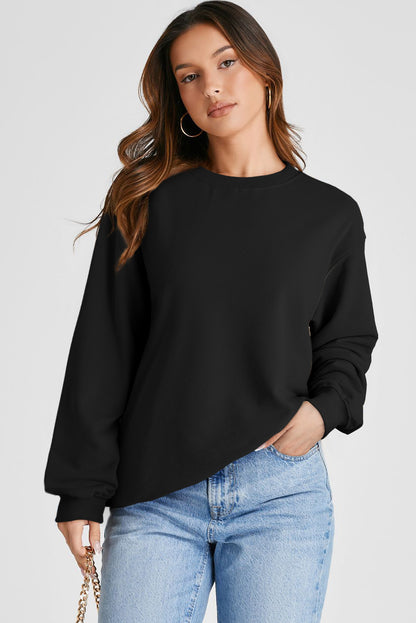 Black Plain Drop Shoulder Crewneck Pullover Sweatshirt