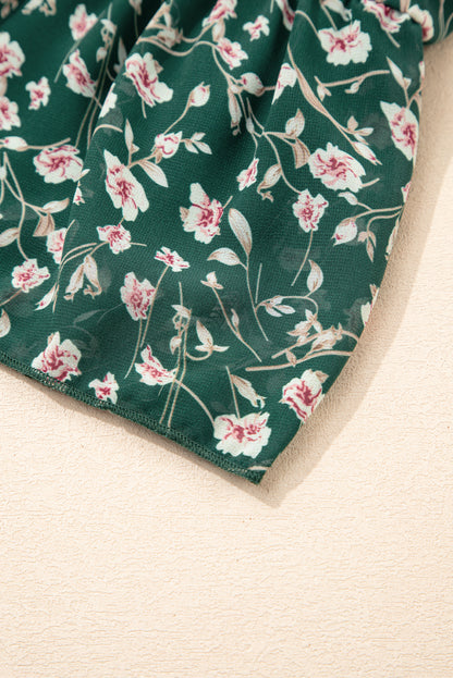 Green Smocked Square Neck Puff Short Sleeve Floral Mini Dress