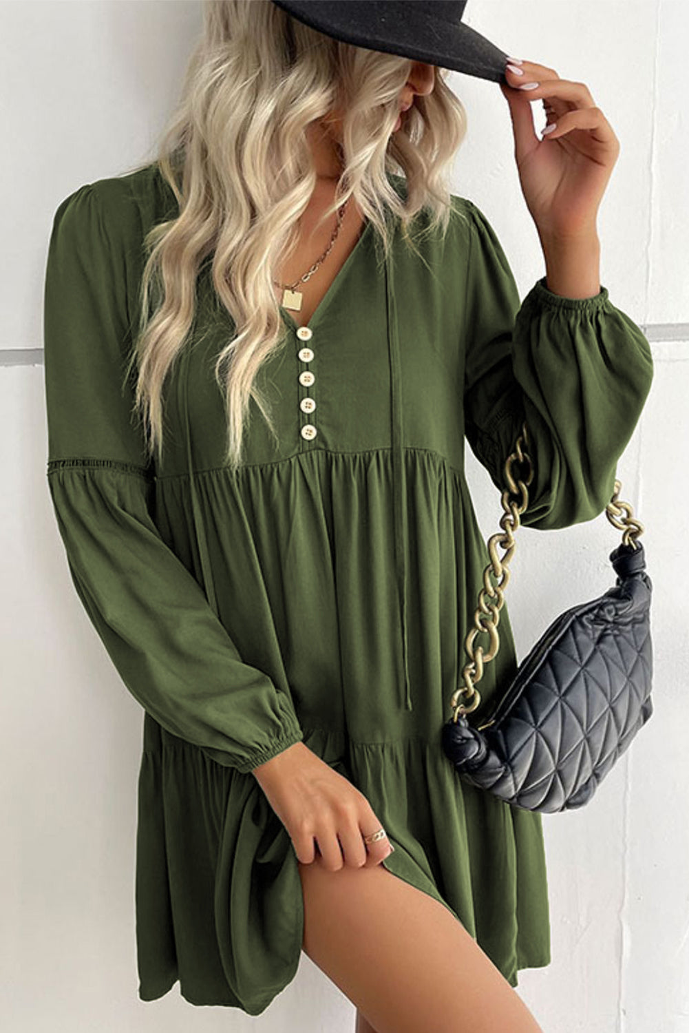 Green Lace Puff Sleeve Buttoned Tiered Ruffled Mini Dress