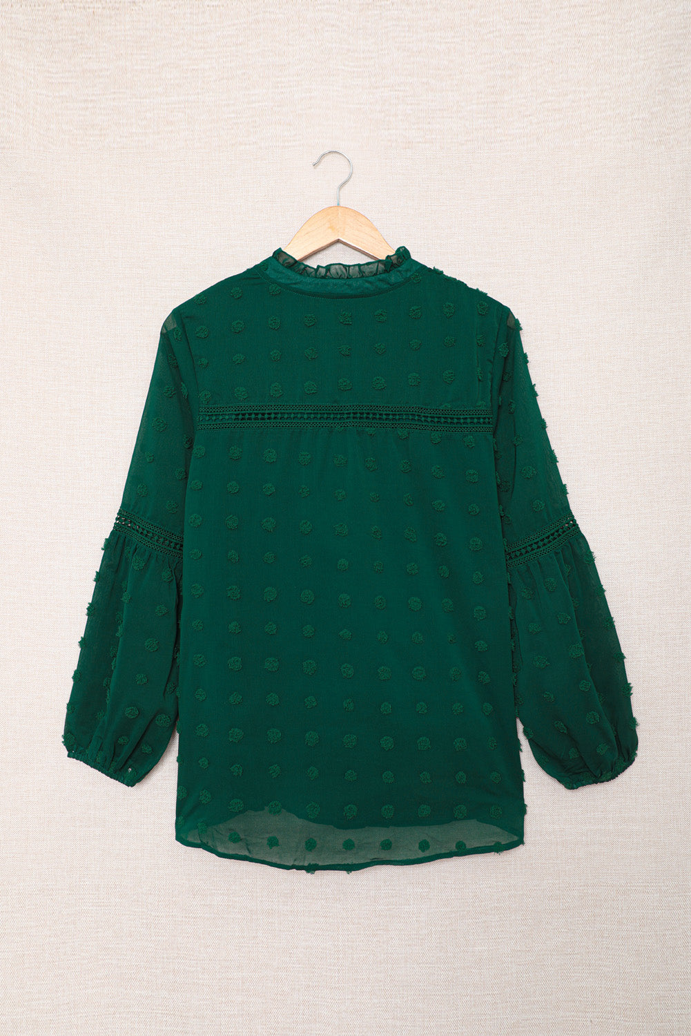 Green Ruffled Split Neck Lace Hollow Out Puff Sleeve Polka Dot Blouse