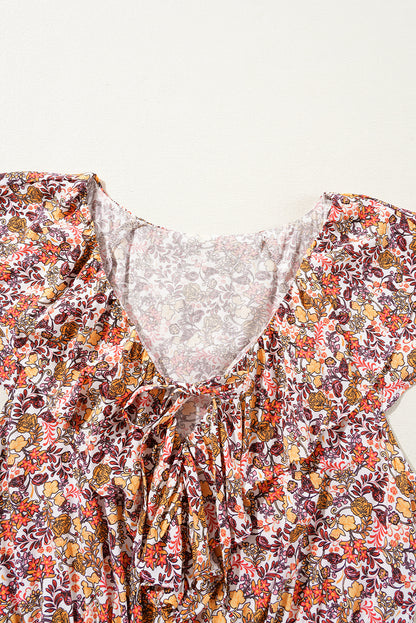 Red Floral Print Knot V Neck Ruffled Sleeve Blouse
