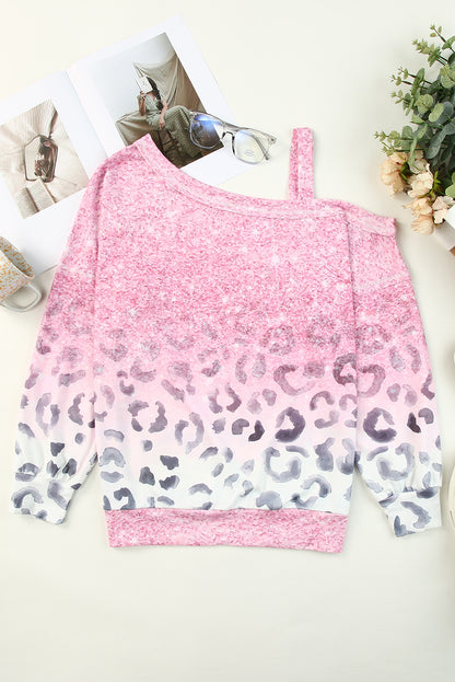 Pink Leopard Patchwork One Shoulder Long Sleeve Top