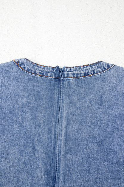 Beau Blue Tie V Neck Tucking Detail Short Sleeve Denim Shift Dress