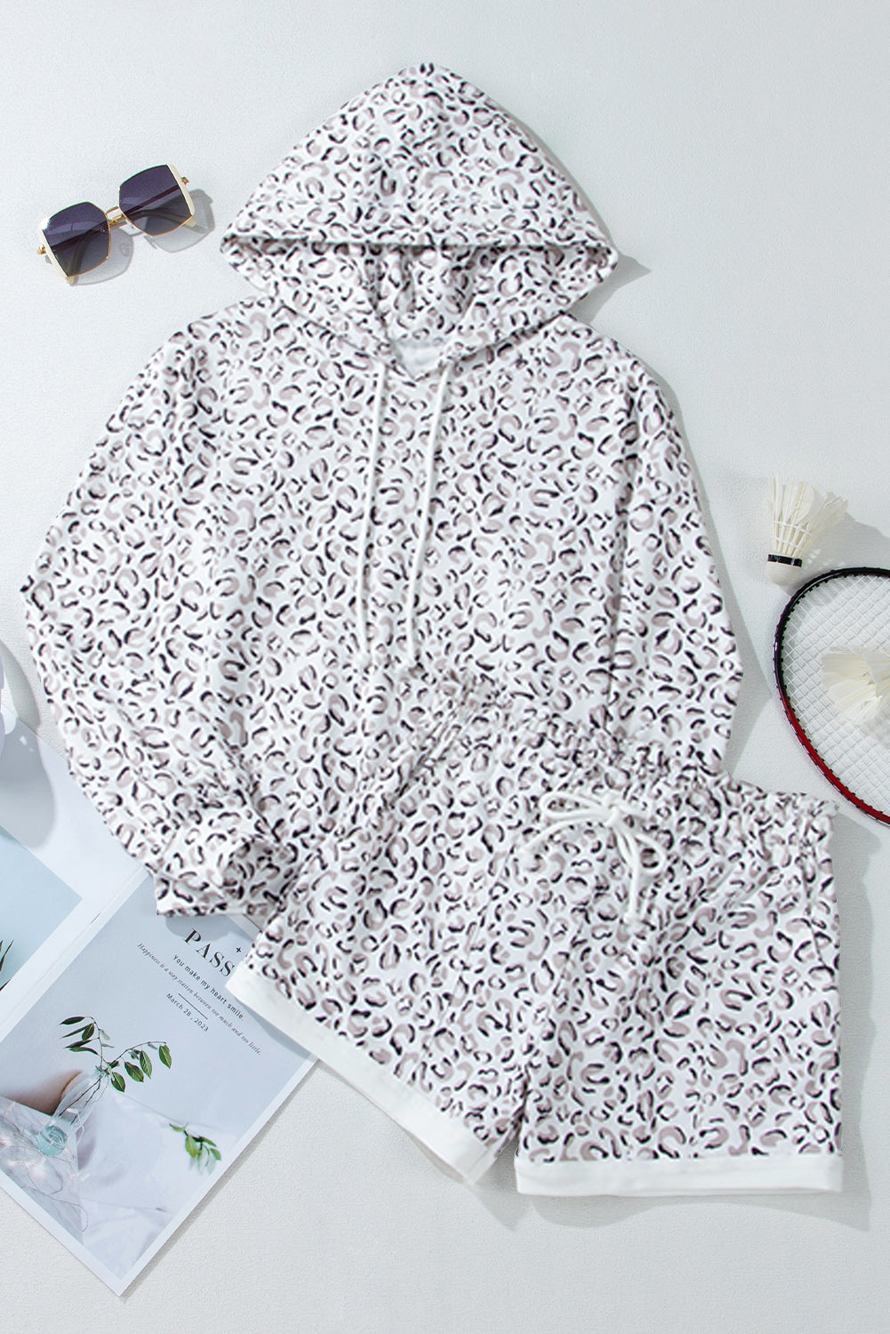 White Classic Leopard Hoodie and Shorts Set