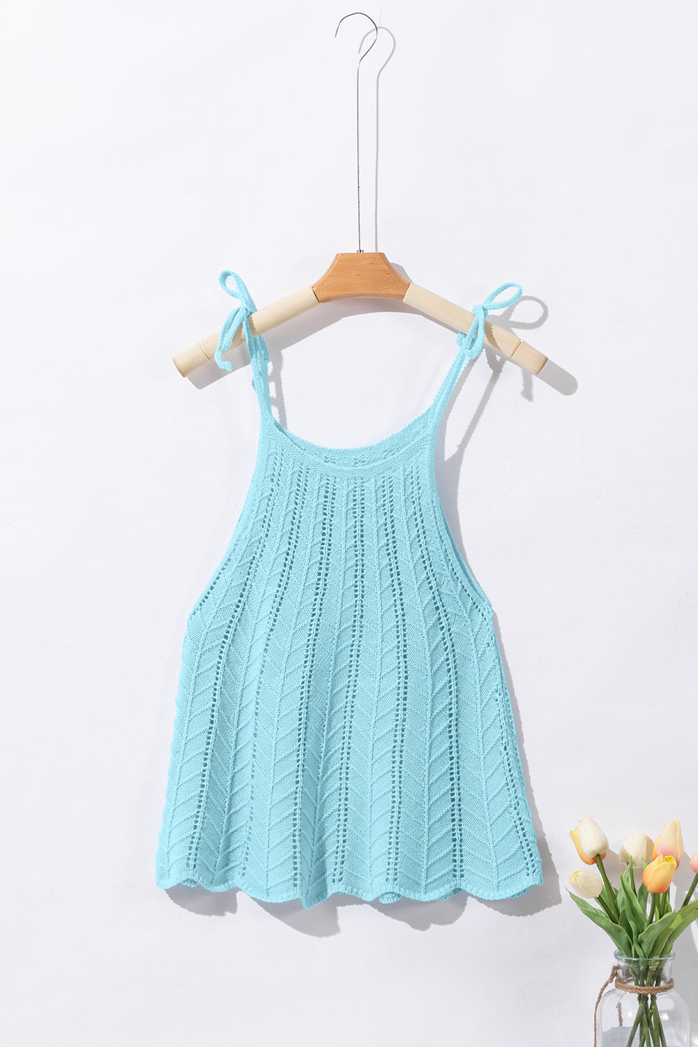 Beau Blue Tied Shoulder Pointelle Knit Tank Top