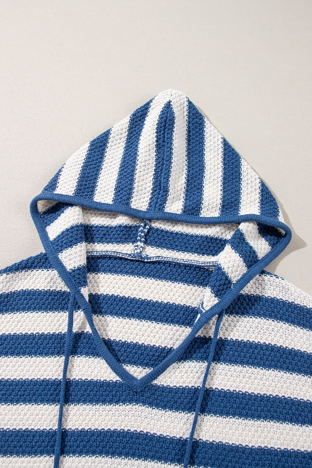 Blue Stripe V Neck Pocketed Drawstring Hooded Sweater