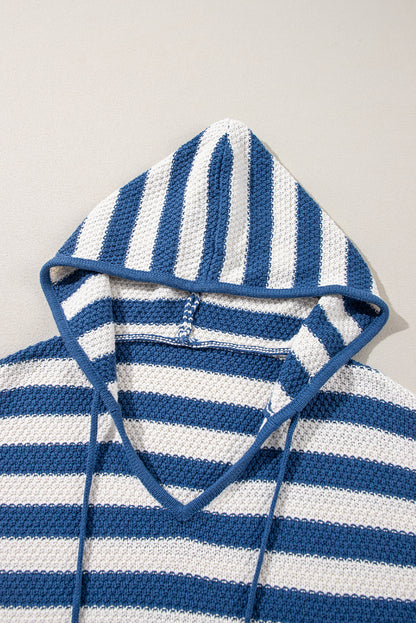 Blue Stripe V Neck Pocketed Drawstring Hooded Sweater