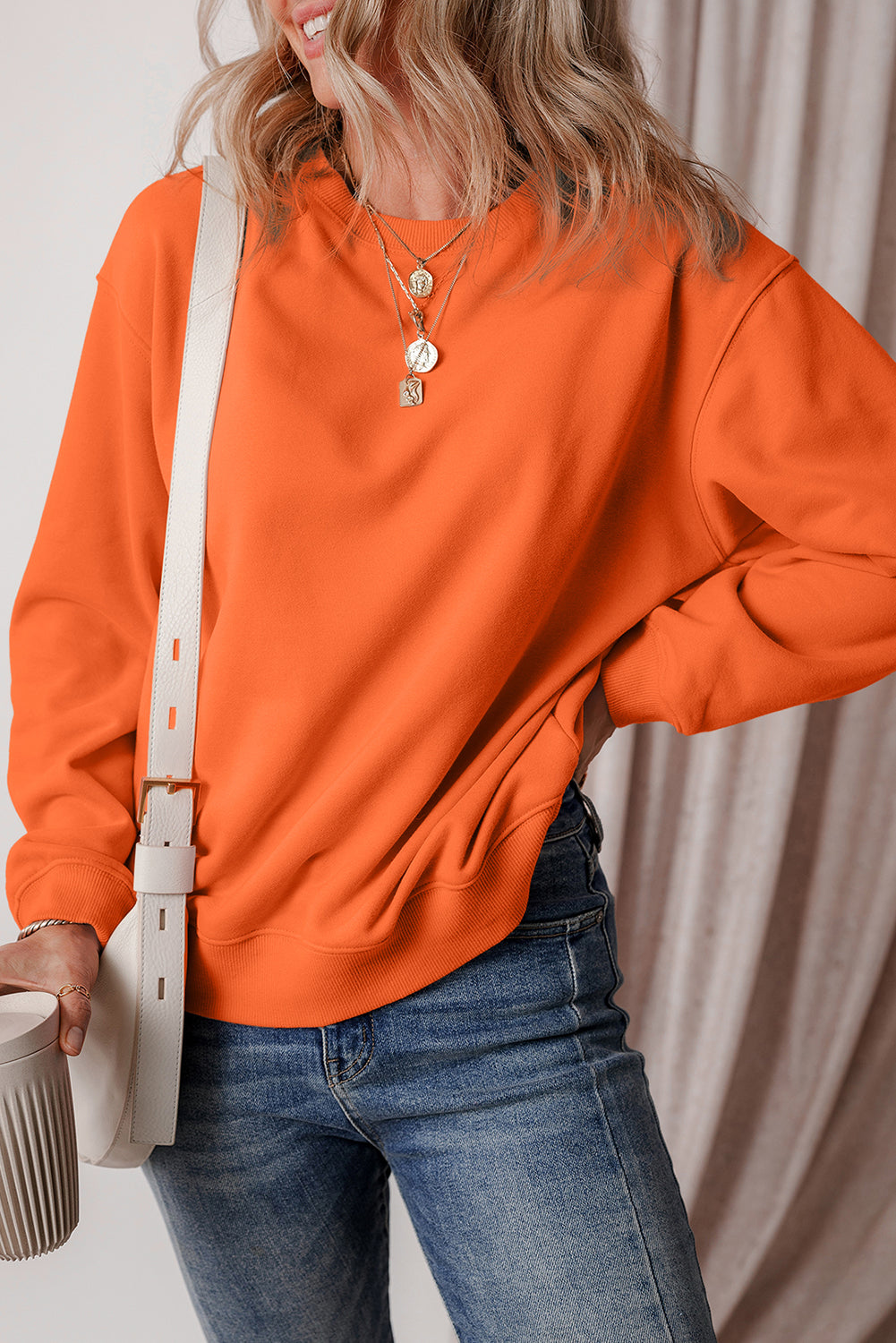 Russet Orange Solid Fleece Lined Drop Shoulder Terry Sweatshirt