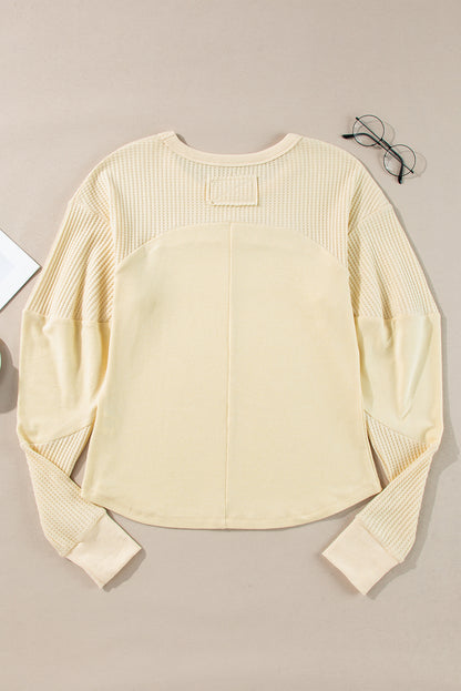 Beige Thermal Knit Patchwork Exposed Seam Long Sleeve Top