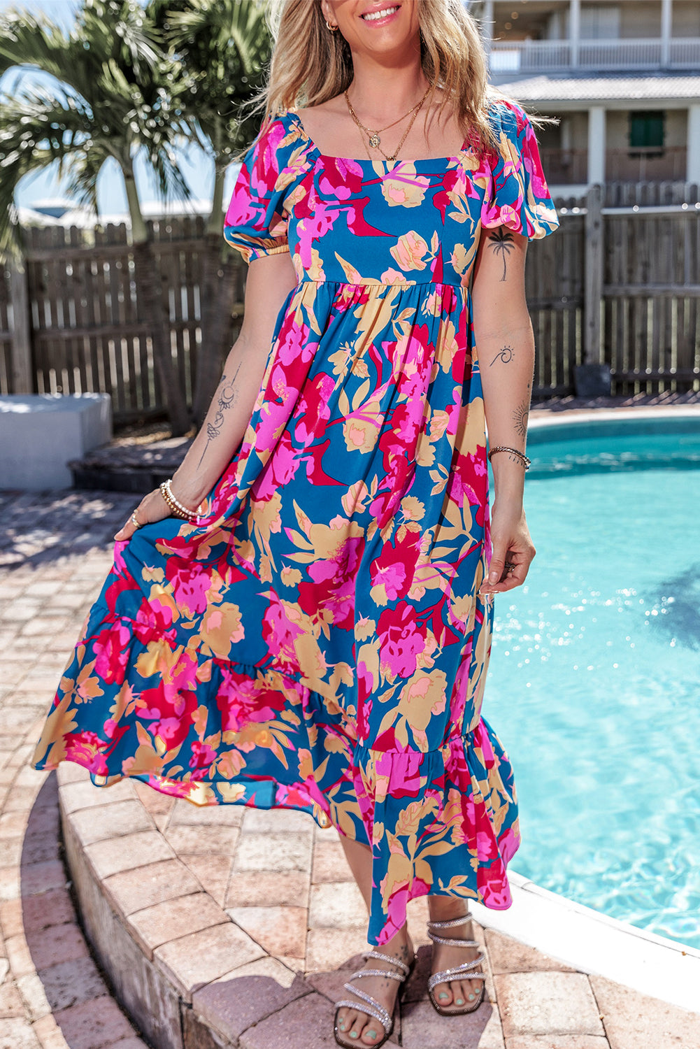 Dark Blue Square Neck Bubble Sleeve Ruffled Floral Dress