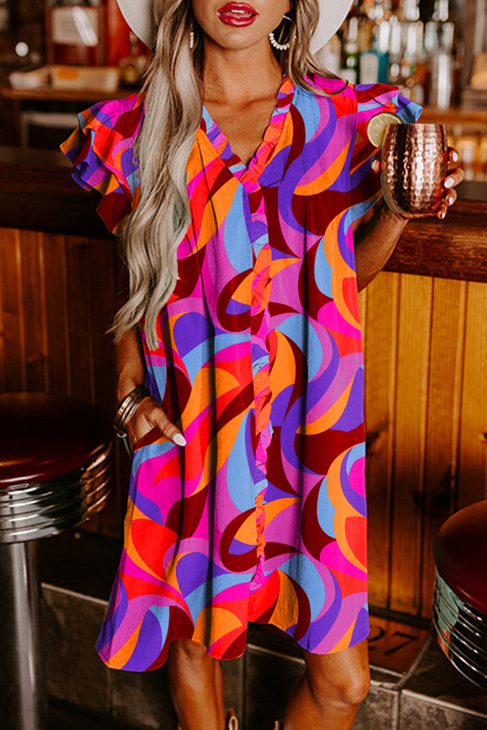 Orange Abstract Print Ruffled Sleeve Shift Dress