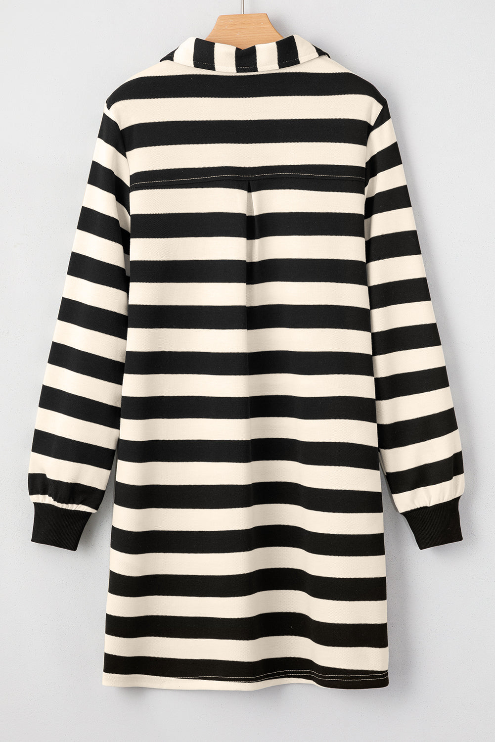 Black Stripe Collared V Neck Long Sleeve Loose Casual Dress