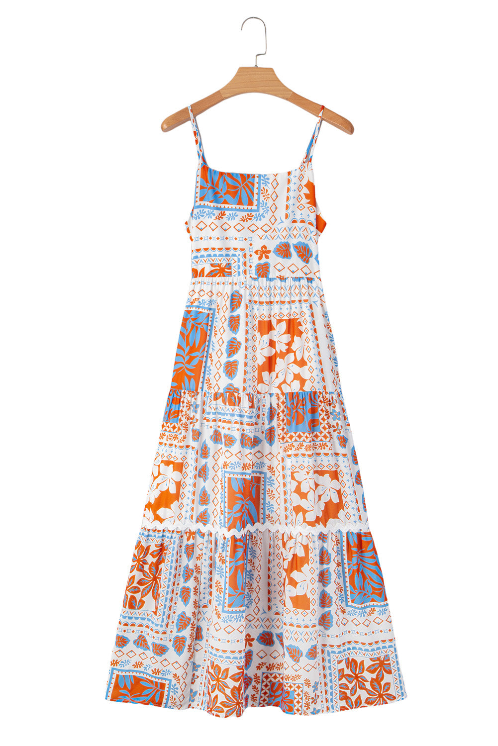 Orange Multi Printed Ricrac Trim Spaghetti Straps Maxi Dress
