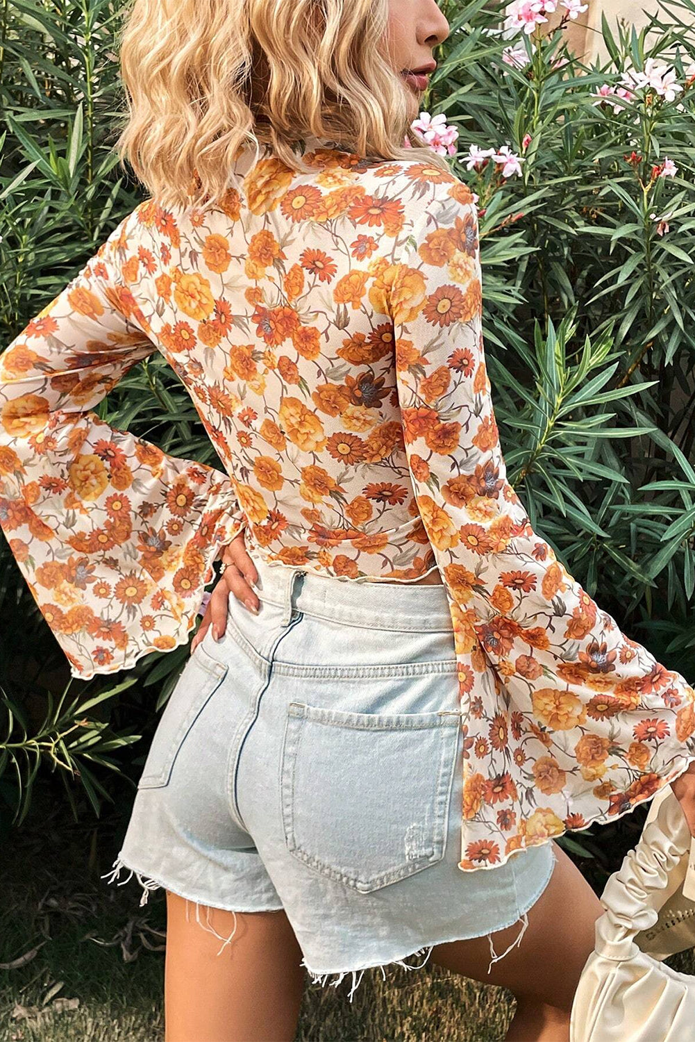 Orange Floral Printed Bell Sleeve Mock Neck Scallop Trim Blouse