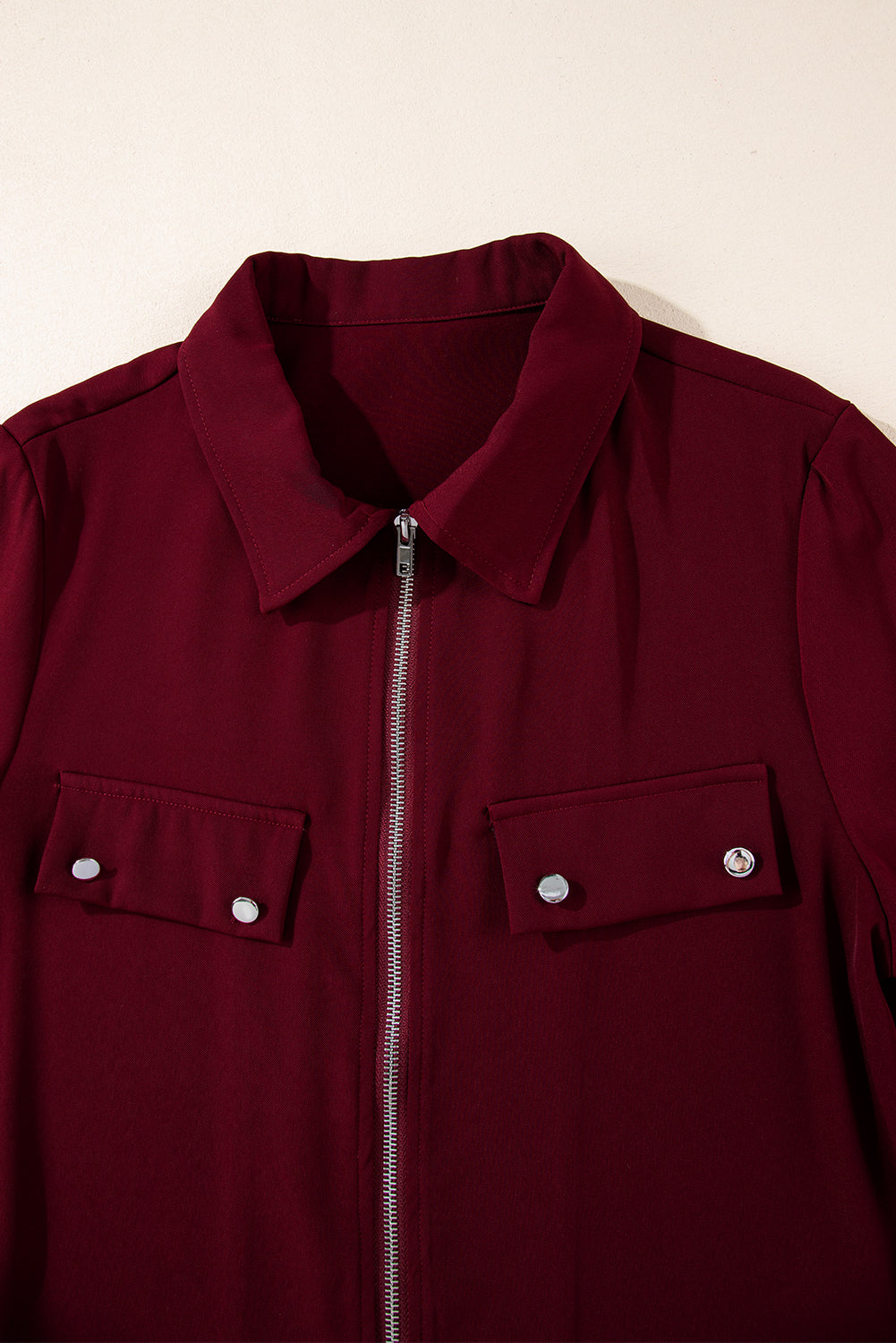 Red Dahlia Collar Tab Sleeve Zip Up Flap Detail Jacket