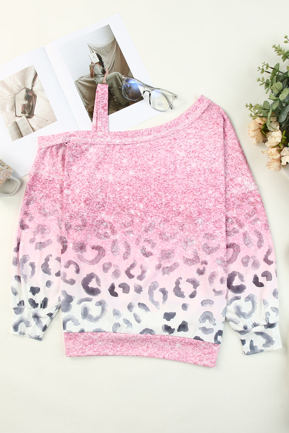 Pink Leopard Patchwork One Shoulder Long Sleeve Top